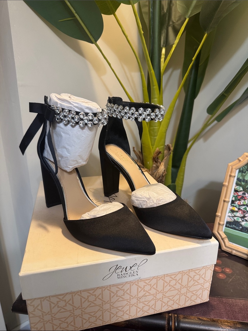 Jewel Badgley Mischka Black Crystal-Ankle Strap Pointed Pumps